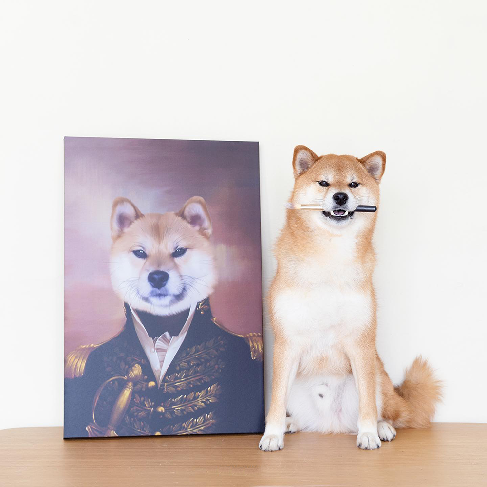 Shiba Inu next to it's pet portrait